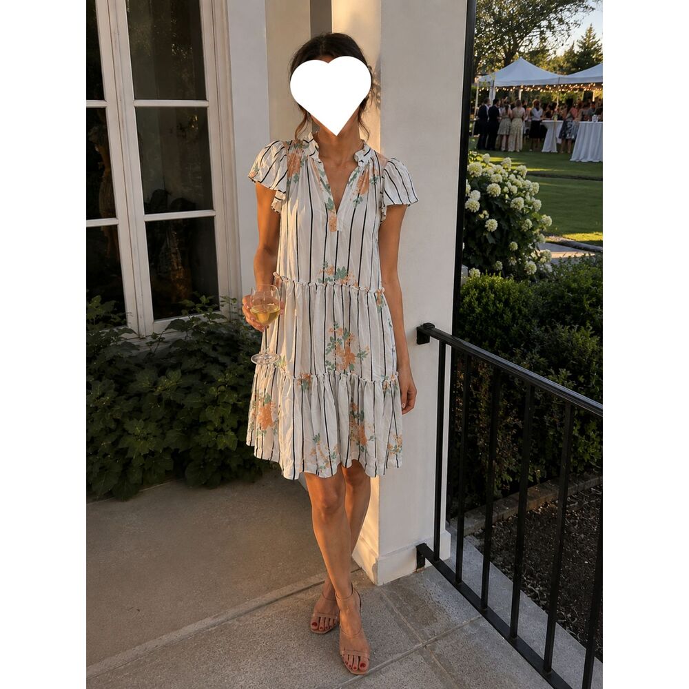 Anthropologie Pinstripe & Floral Tiered Dress - White/Black Stripe - Size XS